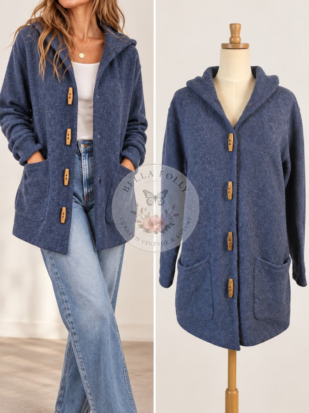 100% Wool Karen Scott Hooded Cardigan Toggle Sweater Grandpacore Fisherman